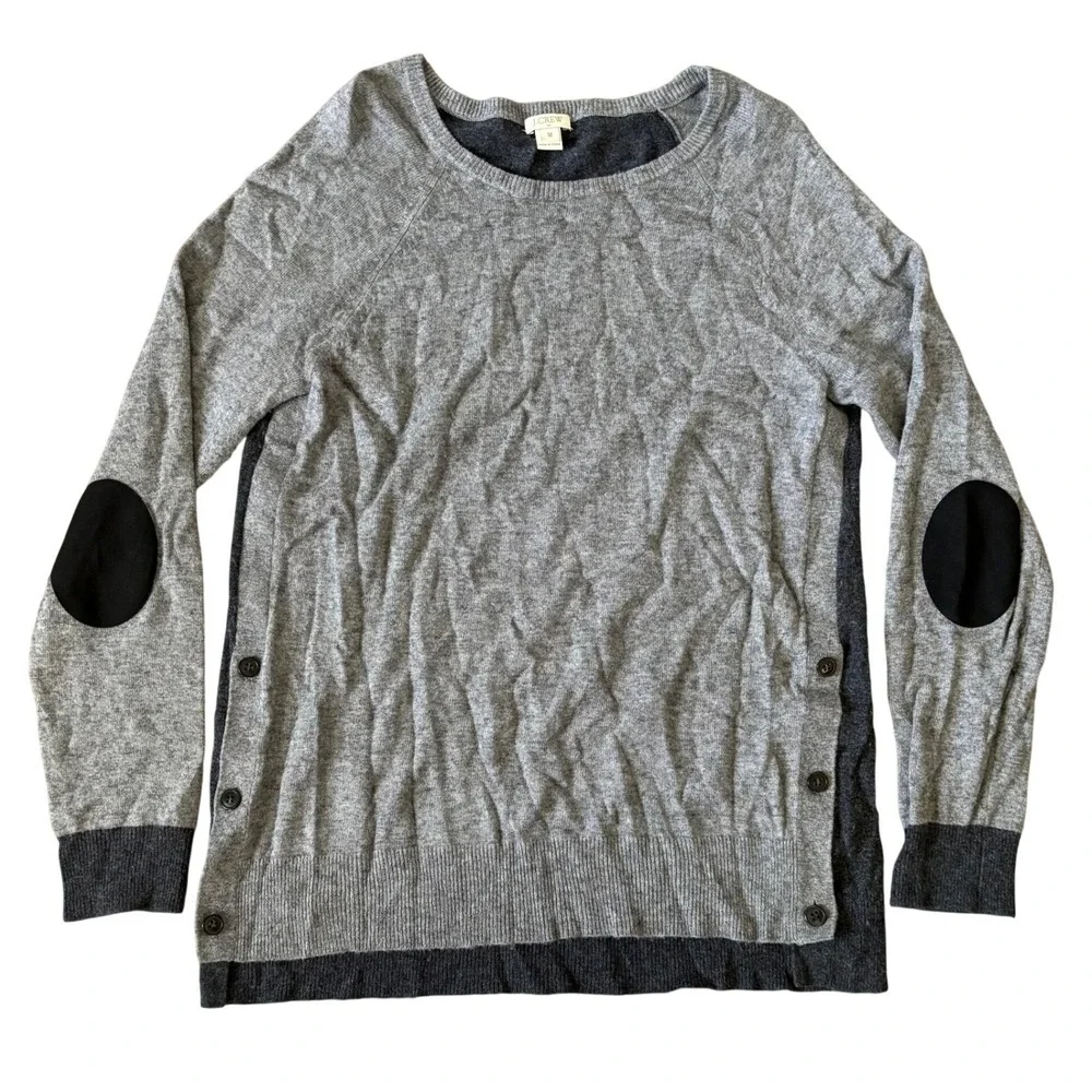 J. Crew Wool Blend‎ Sweater Sz M Gray Black Elbow Patches Two Tone Side Button
